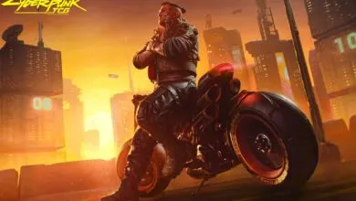 Cyberpunk character Jackie on motorcycle in futuristic cityscape.