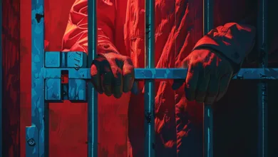Person in orange jumpsuit grips blue prison bars with gloved hands.