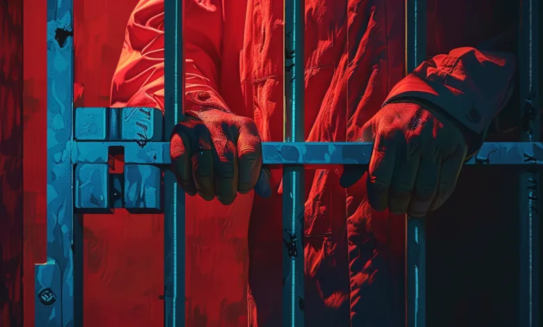 Person in orange jumpsuit grips blue prison bars with gloved hands.