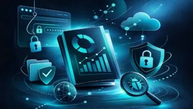 Cybersecurity illustration with locks, shields, and data analysis elements.