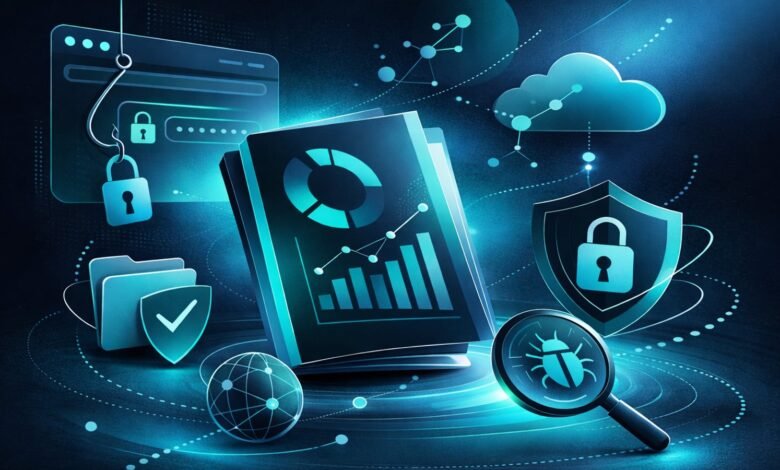 Cybersecurity illustration with locks, shields, and data analysis elements.