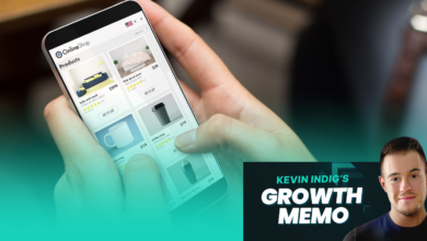 Person browsing an online shop on a smartphone, with Kevin Indig's Growth Memo branding.