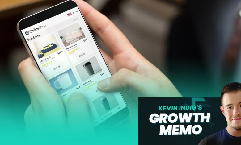 Person browsing an online shop on a smartphone, with Kevin Indig's Growth Memo branding.