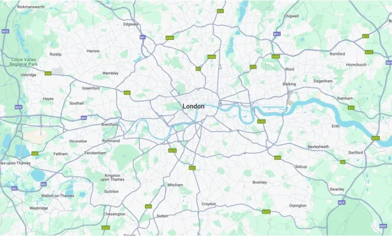 Detailed map of London and surrounding areas with major roads.