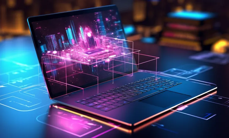 Laptop displaying a futuristic city with glowing pink and blue lines.