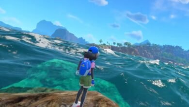 Character with backpack stands overlooking vibrant ocean and distant mountains.