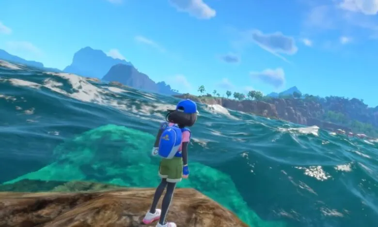 Character with backpack stands overlooking vibrant ocean and distant mountains.