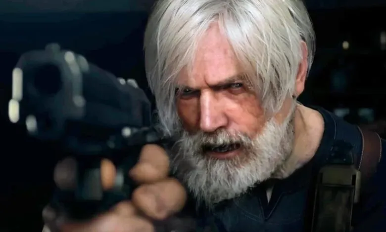 Stern man with white hair and beard points a handgun directly forward.