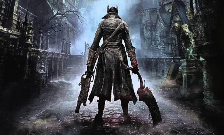 Hunter stands in gothic city, holding weapons, back to viewer.