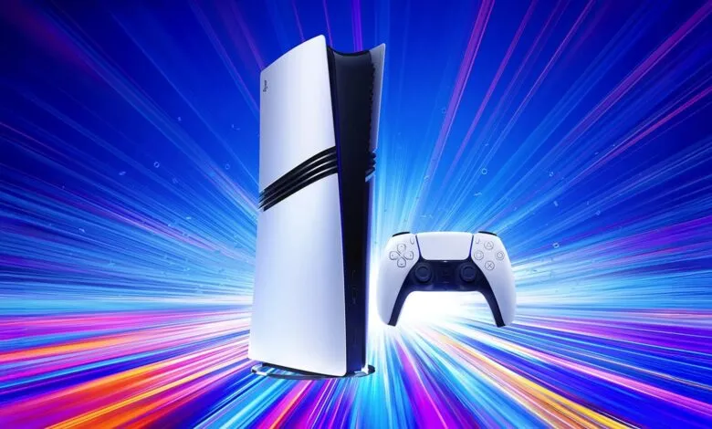 PlayStation 5 console and controller on vibrant background.