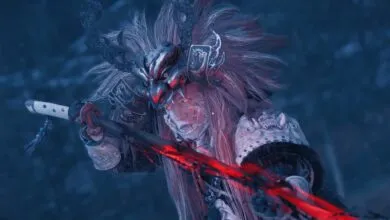 Warrior with mask and sword, fantasy character in blue tones.