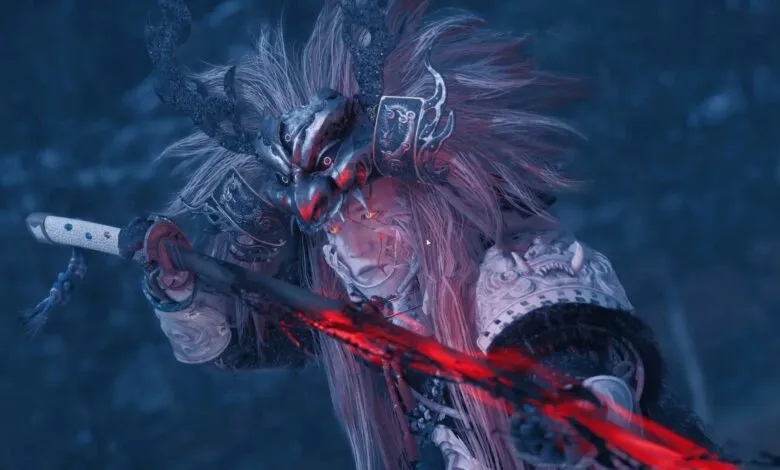 Warrior with mask and sword, fantasy character in blue tones.