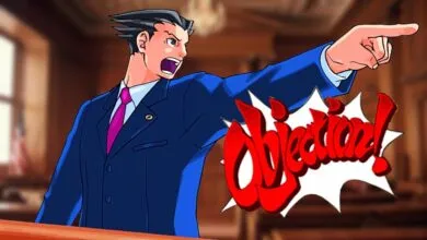 Phoenix Wright shouts 'Objection!' in a courtroom setting.