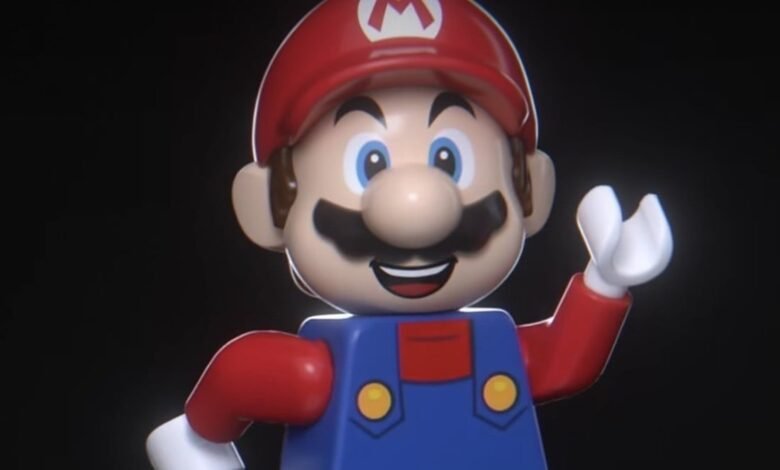 Close-up of a LEGO Mario figure against a dark background.