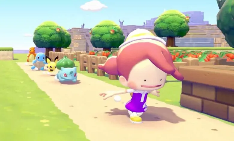 Animated character leads a line of Pokémon through a sunny, vibrant garden.