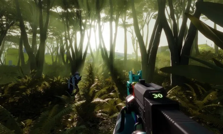 First-person view of a forest with a futuristic weapon and character.