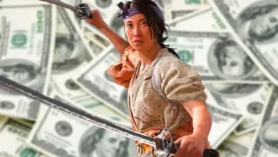 Samurai warrior with swords poses against a backdrop of US currency.
