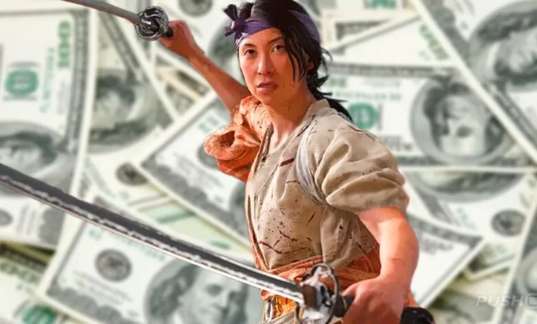 Samurai warrior with swords poses against a backdrop of US currency.