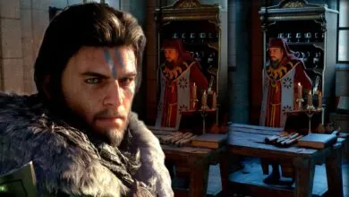 Video game character with blue face paint and fur collar, indoors.