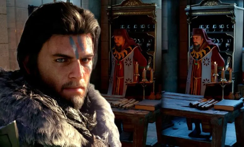 Video game character with blue face paint and fur collar, indoors.