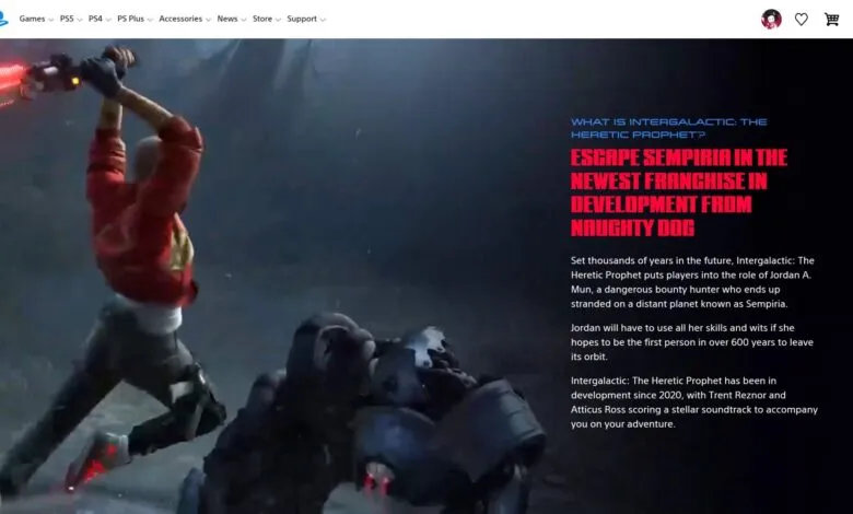 Intergalactic: The Heretic Prophet game scene with character wielding red energy weapon.