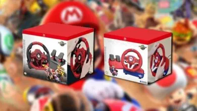 Two Mario Kart racing wheel boxes for Nintendo Switch, red and black.