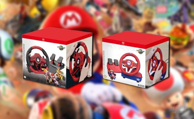 Two Mario Kart racing wheel boxes for Nintendo Switch, red and black.