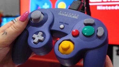 Close-up of a purple Nintendo GameCube controller being held.