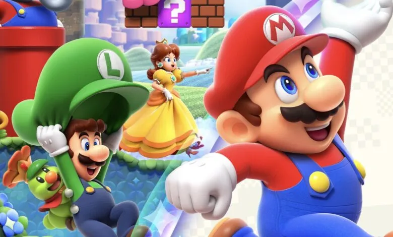 Mario, Luigi, and Princess Daisy in a vibrant, colorful Super Mario Bros. scene.