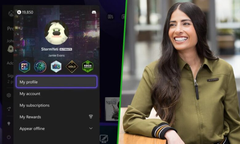 Split screen showing Xbox profile menu and a smiling woman in a green jacket.