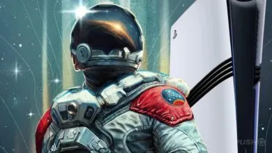 Astronaut in space suit stands next to a PlayStation 5 console.