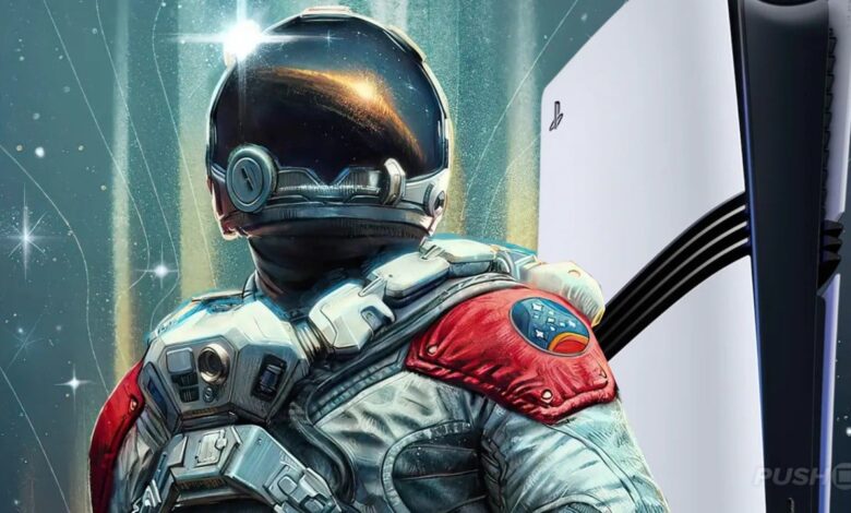Astronaut in space suit stands next to a PlayStation 5 console.