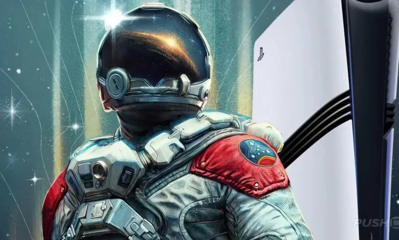 Astronaut in space suit stands next to a PlayStation 5 console.
