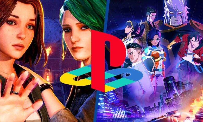 Split image: 'Life is Strange' characters and 'Neon White' characters with PlayStation logo.