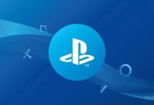 PlayStation logo on a blue background with shapes.