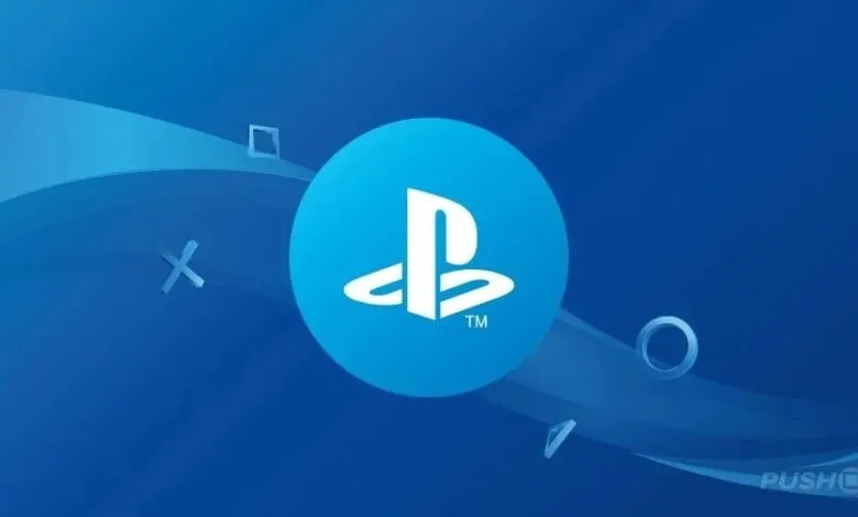PlayStation logo on a blue background with shapes.