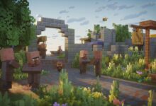 Minecraft villagers gather in a village with stone structures and a bee flying overhead.