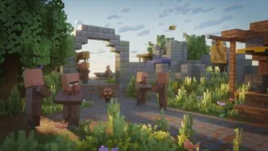 Minecraft villagers gather in a village with stone structures and a bee flying overhead.