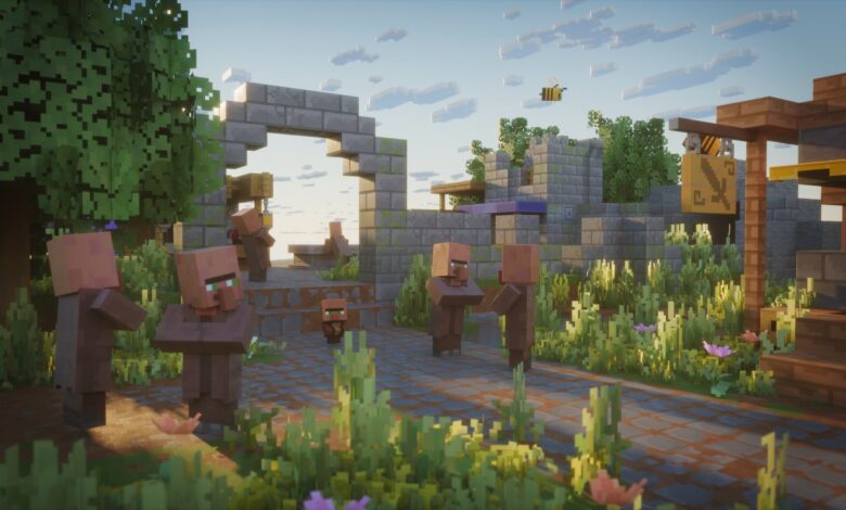 Minecraft villagers gather in a village with stone structures and a bee flying overhead.