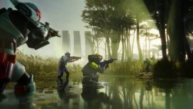 Futuristic soldiers in a swampy forest aiming weapons, tall structures in background.