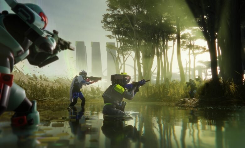Futuristic soldiers in a swampy forest aiming weapons, tall structures in background.