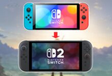Nintendo Switch and Switch 2 comparison with colorful background.