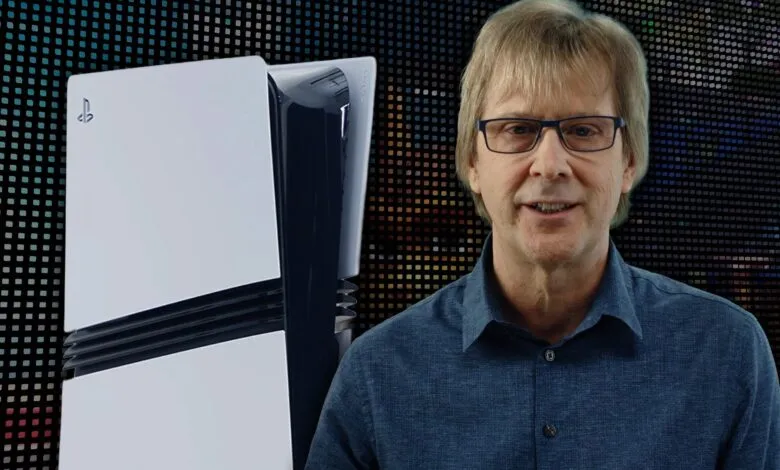 Man stands next to a PlayStation 5 console against a pixelated background.