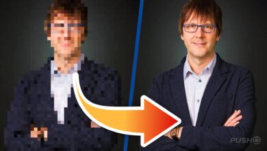 Pixelated image transforms into clear portrait of man with glasses and jacket.