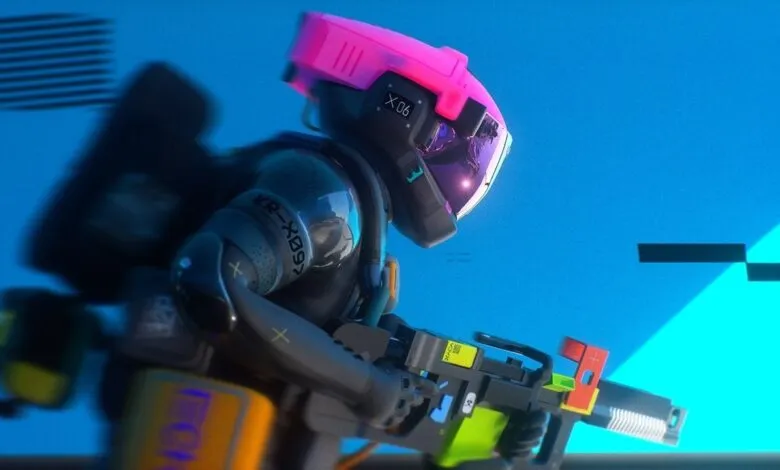 Futuristic soldier with pink helmet holding weapon against blue background.