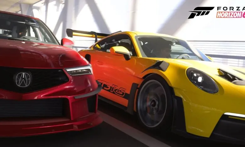 Red Acura Integra and yellow Porsche 911 GT3 RS racing in Forza Horizon 6.