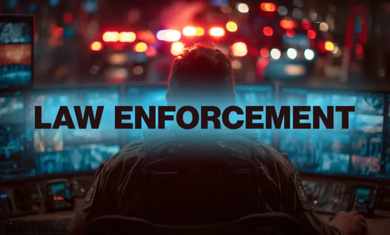 Law enforcement officer monitoring screens in a control room.