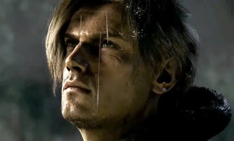 Close-up of Leon Kennedy's face in the rain, looking determined.