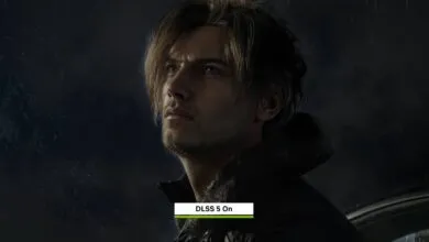 Leon Kennedy from Resident Evil looks up in the rain, DLSS 5 on.