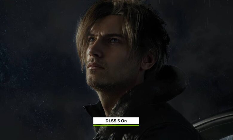 Leon Kennedy from Resident Evil looks up in the rain, DLSS 5 on.